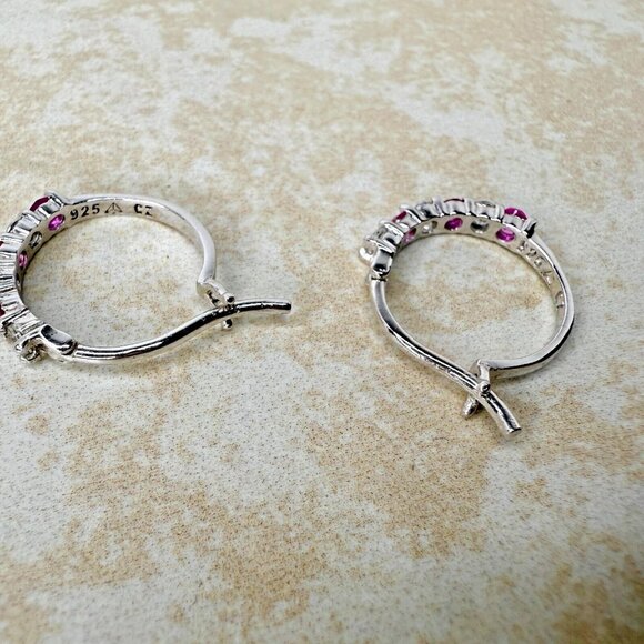 Sterling Silver 925 Pink CZ Hoop Earrings - Picture 2 of 5